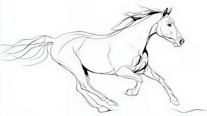 An elegant single line drawing of a galloping horse, minimalist black ink on a white background, smooth continuous contours, fine art sketch aesthetic.