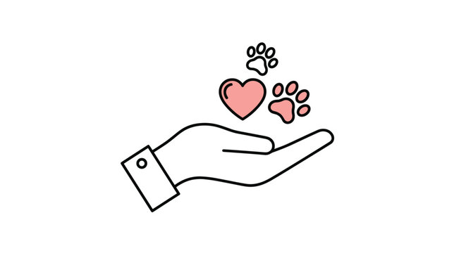A hand gently holds a pink heart and two adorable paw prints, symbolizing care, love, and compassion for animals and pets.