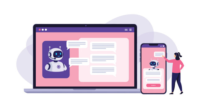 A person interacts with an AI chatbot on a smartphone, showcasing digital customer service and tech support across both mobile and laptop interfaces. - Powered by Adobe