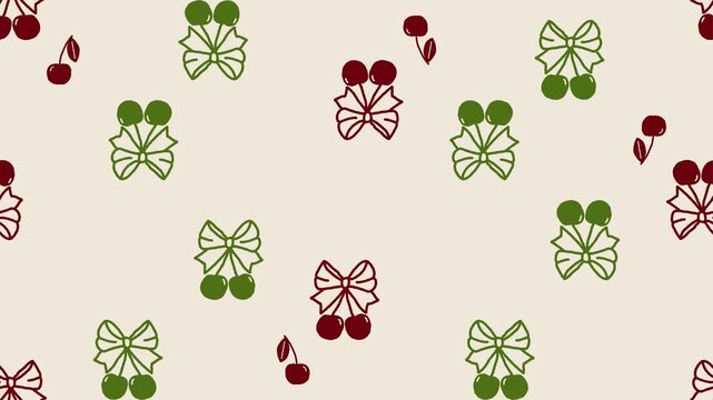 Looping animated Christmas cherry background with bows and leaves, cute red and green vector motion