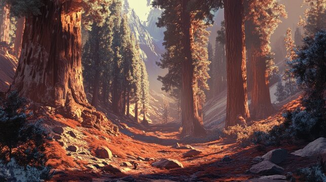 Majestic redwood forest path, sunlit valley, serene mountain backdrop