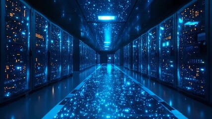 Futuristic data center with glowing servers and lights - Powered by Adobe