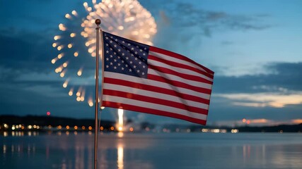 Celebrating freedom, American flag waving proudly as fireworks explode in the sky - Powered by Adobe