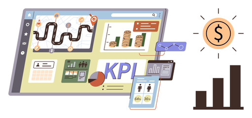 KPI dashboard with charts, processes, and analytics overlaid on screens, with a focus on financial growth, monitoring, and decision-making. Ideal for management, finance, strategy marketing data