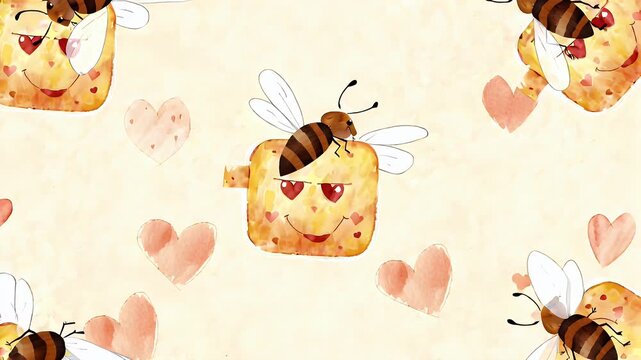 A Whimsical Pattern of Bees Hovering Around Golden Honeycomb Cubes in a Light Dreamy Background