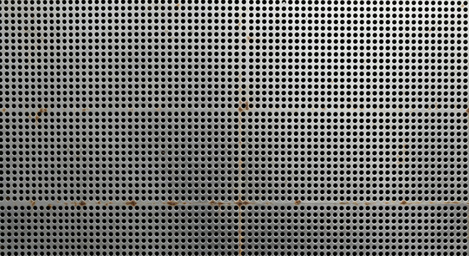 Gray metal sheet with uniform perforations  rusty seams forms a symmetrical textured background