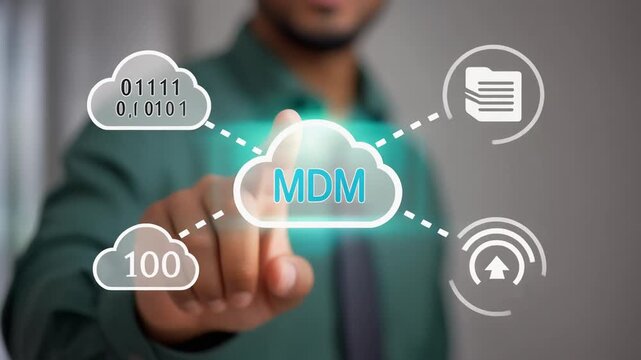 Businessman using virtual touch screen interface for MDM ,Master Data Management MDM technology concept presentation .Business person interacting with virtual data governance hub


