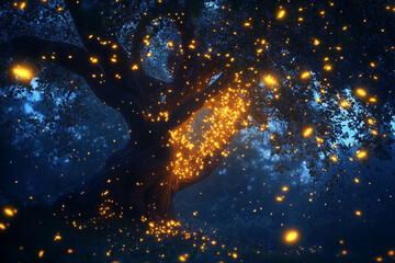 Obraz premium An enchanted tree covered in glowing fireflies, lighting up the night 