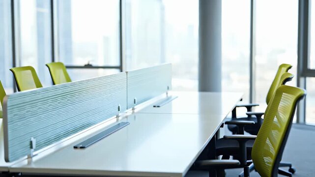 Bright modern corporate conference room with long white table, lime-yellow chairs, and glass partitions overlooking an urban skyline