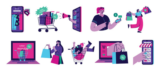 Cyber Monday Online Shopping Illustration Set