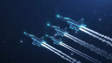 Military three Fighter Jets in flight. Digital airplane in futuristic low poly wireframe style. High-speed tech innovation concept. Army aircraft in nightly starry sky. 4k video - Powered by Adobe