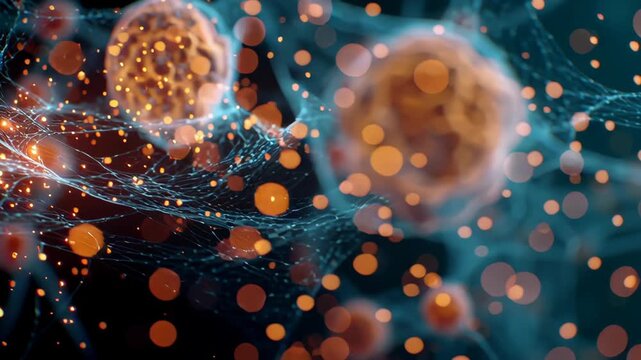 Close-up of virtual AI model analyzing human cell clusters, glowing data particles, advanced biomedical research visualization, ai biomedical analysis