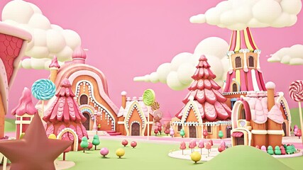 Dreamy Pastel Candy Village with Lollipop Trees and Cotton Candy Clouds - Powered by Adobe