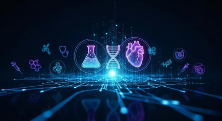 Futuristic Medical Science Technology Digital Illustration with Glowing Icons.