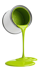 Bright green paint pouring from an open, white paint can