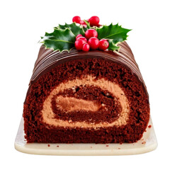 Chocolate B&ucirc;che de No&euml;l Yule Log Dessert with Cream Filling, Holiday Sweet Isolated PNG.