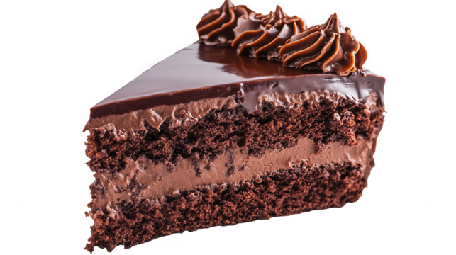 A slice of chocolate cake with frosting and ganache on a black background in a studio setting on transparent background