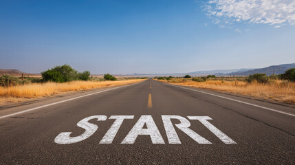 Open Road with Start Marking for Journey Ahead in Nature Setting