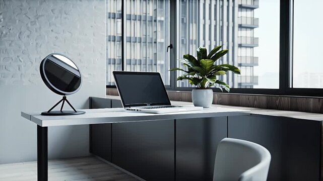 Modern minimalist office desk setup with laptop, plant, and large window view