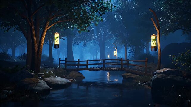 Moonlit forest creek with illuminated arched bridge and glowing lanterns along the banks