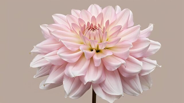 Soft pink dahlia flower with layered petals, captured in close-up against a neutral backdrop