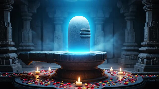 Mystical glowing shiva lingam within an ancient temple with candles and rose