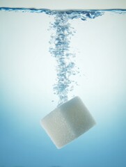 Sugar Cube Plunging Into Water Creating Bubbles, Dissolving in Blue Liquid, Abstract Sweetness Concept