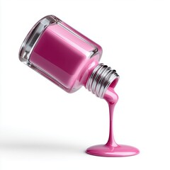 Pink Nail Polish Spilling from Glass Bottle on White Background, Beauty and Fashion Concept