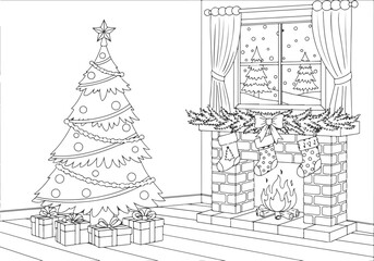 Festive holiday coloring page showing a Christmas tree with presents and a cozy fireplace with hanging stockings