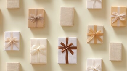 A Festive Display of Elegantly Wrapped Gift Boxes in Soft Tones of Cream and Beige, Enhanced with Beautiful Decorative Ribbons for Special Occasions