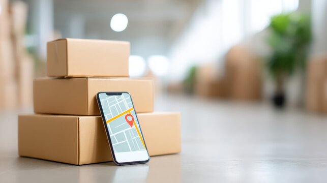 Smartphone with Navigation Displayed Next to Stacked Shipment Boxes in a Modern Warehouse Environment for E-Commerce Logistics