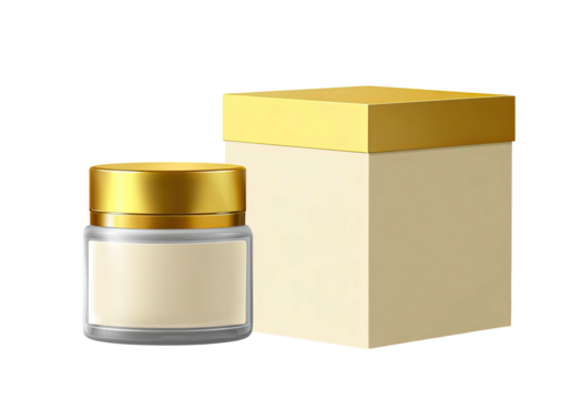 Cream jar with box, golden lid and cap, on black background
