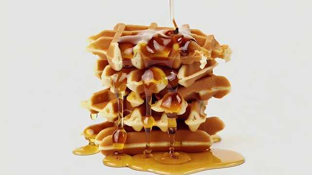 Towering Stack of Golden Waffles Drizzled with Syrup and Melted Butter in Warm Lighting