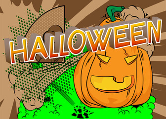 Comic book style Halloween poster with text and Jack O' Lantern. Cartoon design pop art Holiday Celebration invitation, poster.
