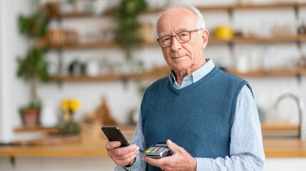 Senior Man Holding Smartphone and Device in Modern Kitchen, Engaged in Technology Use and Daily Life Activities with a Thoughtful Expression