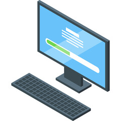 Pixel Art Isometric Computer With Loading Bar On Screen And Keyboard In Front On Transparent Background