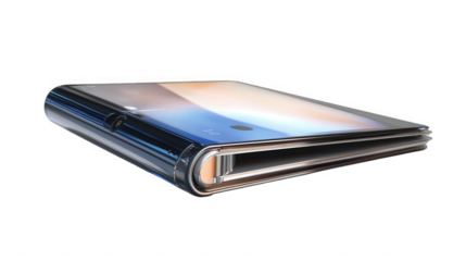Futuristic foldable smartphone with sleek design and advanced camera technology shown on transparent background