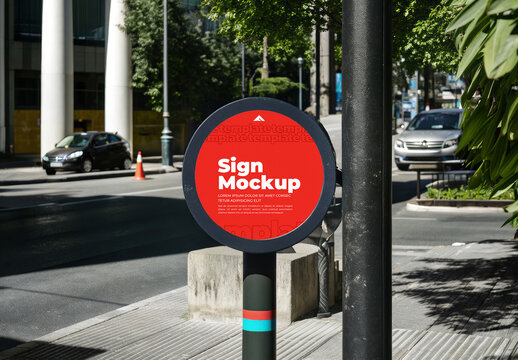 Large Circular Sign Mockup on a Metal Post Against a Busy Urban Background