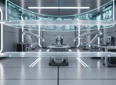 Futuristic laboratory with robotic arms and holographic displays, advanced tech, science, automation