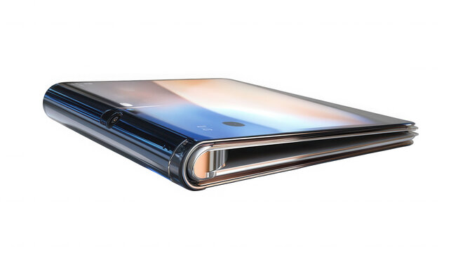 Futuristic foldable smartphone with sleek design and advanced camera technology shown on transparent background - Powered by Adobe
