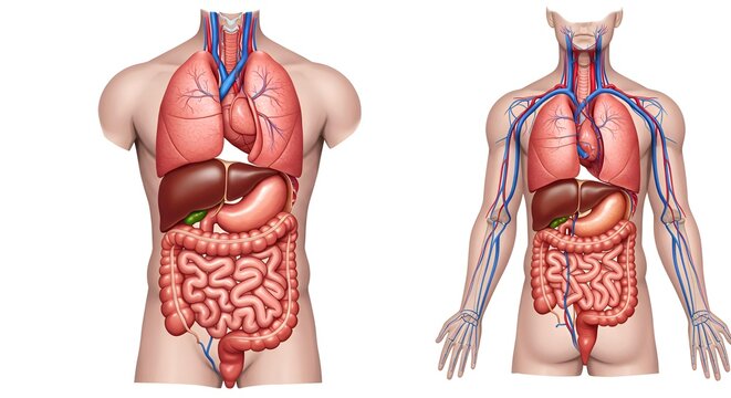 Anatomical diagram of the human torso showing internal organs and the circulatory system