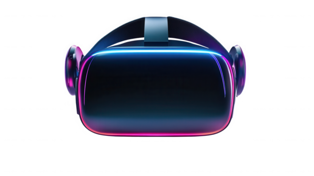 Futuristic virtual reality headset with neon lights against on transparent background