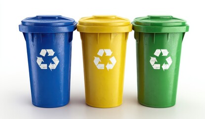 Vibrant photo of three colorful recycling bins in a row for waste management