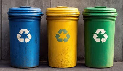 Vibrant photo of three colorful recycling bins standing side by side