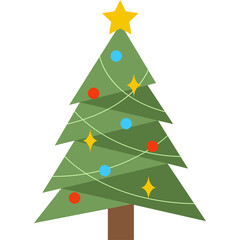 Stylized green christmas tree with red blue and yellow ornaments and yellow star topper on brown trunk isolated on white background