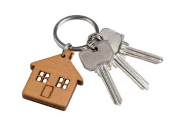 Wooden house keychain with silver metal keys on black background home, Png, Isolated on Transparent Background, Cut Out