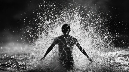 Obraz premium Man in Water Splash, Dark Background, Powerful Water