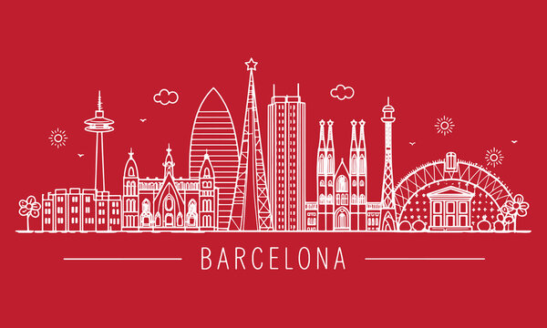 Barcelona Skyline Sketch with Sagrada Familia, Park G&uuml;ell, and La Rambla &ndash; Hand Drawn Cultural Line Art for Travel and Tourism Promotion