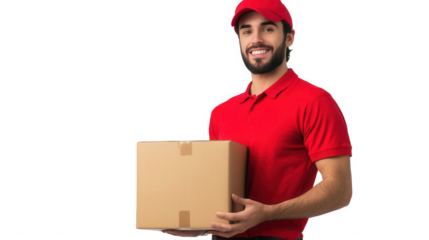 A smiling delivery man in red uniform holding a cardboard box against a black background on transparent background