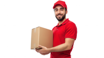 Man in red uniform holding a cardboard box against a black background with a friendly smile on transparent background